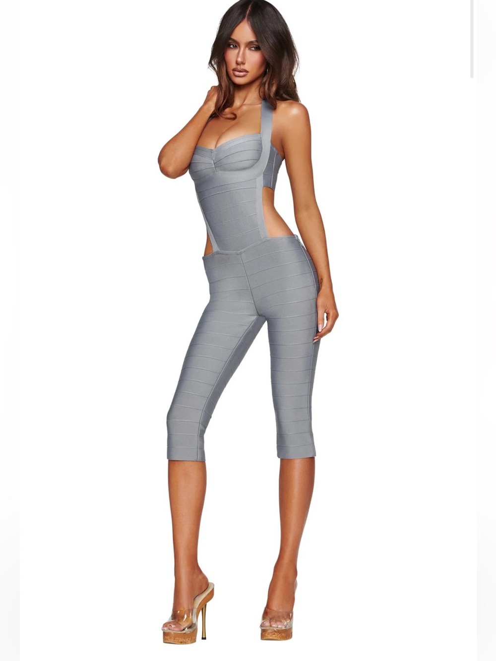 I.AM.GIA Light Gray Bandage Cutout Capri Jumpsuit
